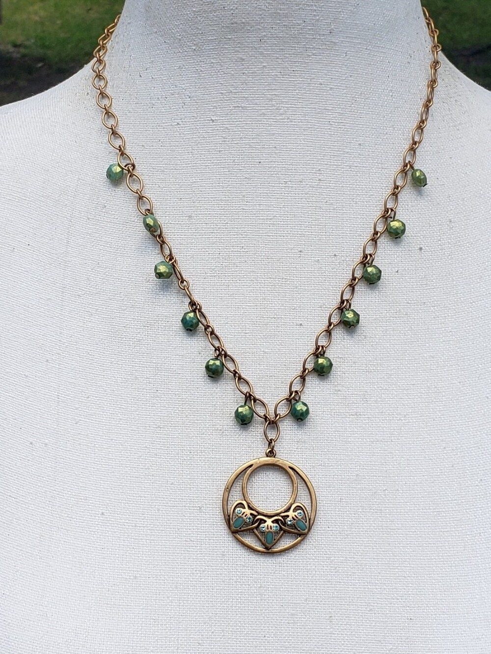 Gold-Tone Green Bead Heart Pendant Necklace